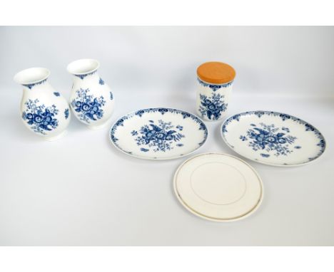 A pair of modern Royal Worcester 'Hanbury' pattern decorated baluster vases, height 26cm, a matching biscuit barrel with wood