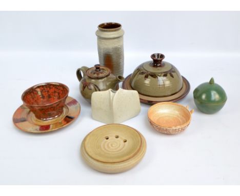 A small quantity of studio ceramics including a teapot, vase, cheese dome and cover etc.