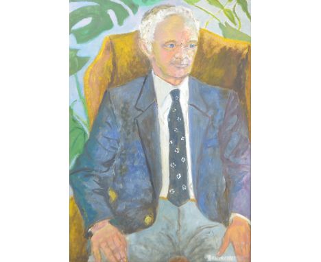BAKIRCIAN; oil on board, portrait of gentleman seated in wing back chair, signed to lower right, 74 x 49cm, framed. (D)   CON