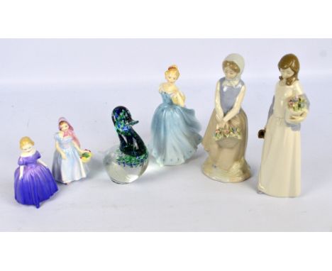 Three Royal Doulton figures; HN2178 'Enchantment', HN1370 'Marie' and HN2109 'Wendy', also two Spanish Nadal figures of girls