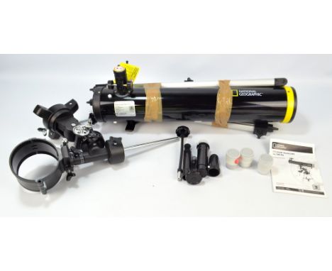 A National Geographic Premium Telescope 76-700 with tripod and accessories.