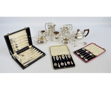 A quantity of plated items including a four piece tea service, fish knives, coffee and tea spoons.