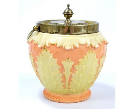 A Worcester Locke & Co blush ivory and pale pink tinted biscuit barrel with silver plated mounts, swing loop handle and print