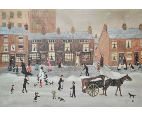 HELEN LAYFIELD BRADLEY MBE (1900-1979); a signed limited edition coloured print, 'Playing in The Snow', signed in pencil to l