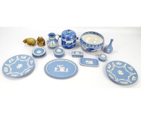 A small collection of Wedgwood blue jasperware to include trinket boxes and circular pin dishes, also a Copeland Spode Italia