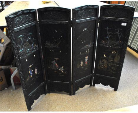 A Japanese lacquered and mother of pearl inlaid three fold screen, height 89cm.