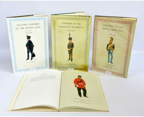 A set of four British Army uniform reference books including 'Infantry Uniforms of The British Army, 1790-1850', and 'Uniform