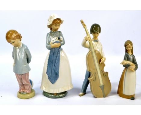 Three Lladro figures to include a boy playing double bass and a Nao figure of girl with puppy (4).