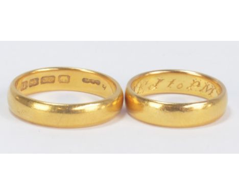 Two 22ct yellow gold wedding bands, size P and size K 1/2, combined weight 11.3g. 
