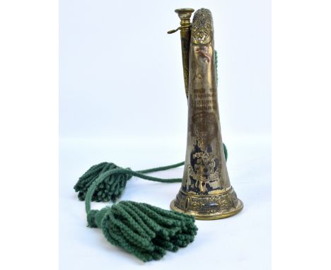 A bugle with cord and tassels for Rosshire Buffs, engraved names and dates (1920s and 30s) to body, foliate scroll decoration