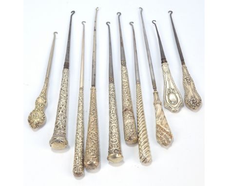Ten large button hooks with hallmarked silver sheath handles, including a flat handled example with ribbon and oval vacant ca