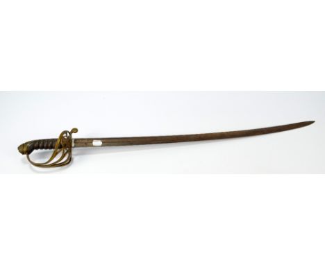 A mid-19th century Victorian infantry officer's sword, brass hilt with chagrin grip, length of blade 81cm, lacks scabbard.   