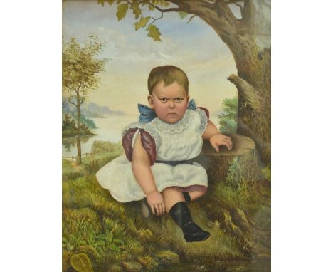 UNATTRIBUTED; 19th century oil on board, portrait of child in lake landscape, unsigned, 59x46cm.
