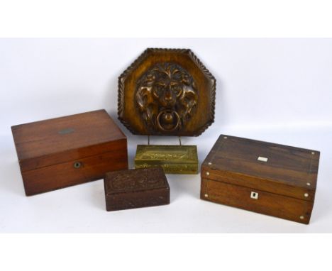 A Victorian rosewood mother of pearl detailed jewellery box, 25.5 x 17.5 x 10cm, a larger mahogany workbox , also an Eastern 