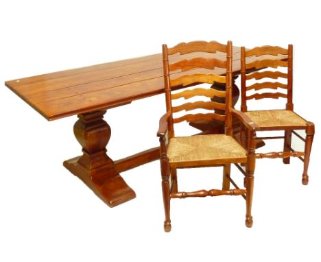 A contemporary hard wood plank top refectory table and a set of eight wavy ladder back string seated dining chairs (6+2) (9).