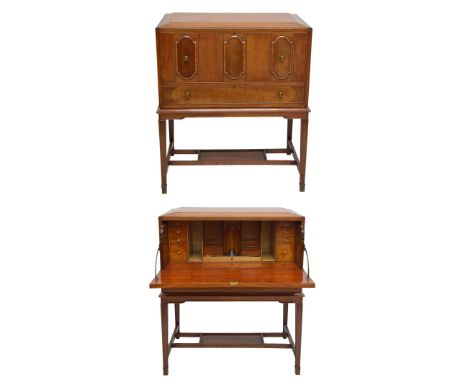 JAMES HENRY SELLERS (1861-1954); a fine Arts and Crafts mahogany, satin wood and ebony inlaid secrétaire desk on stand, the c