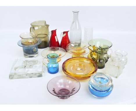 WHITEFRIARS; a large collection of glass including a tile, bottle, jug, pair of ruby tinted and clear glass handled jugs, var