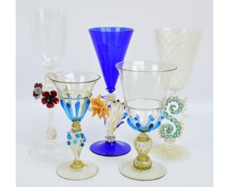 Five contemporary and well detailed Milanese goblets including a gold flecked opaque tinted example with turquoise scrolling 