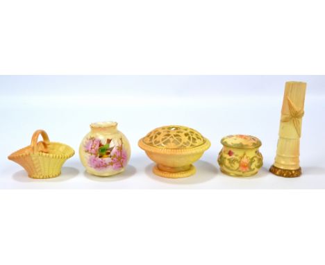 A group of Royal Worcester blush ivory including a trio of graduated baskets, a small moulded box and cover, a pot pourri bow