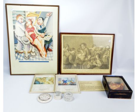Three dental themed prints and further 19th century monochrome engraving after Theodoor Rombouts entitled 'El Charlatán Sacam
