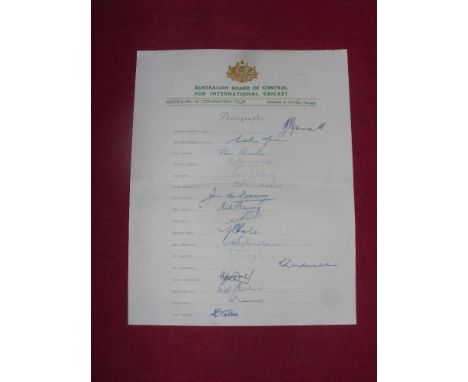 1953 Cricket, Australia, a fully signed Australian Board of Control, Coronation Tour, Sheet of 17 original signatures, includ