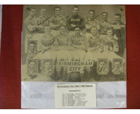 1949/1950 Birmingham City, a signed team picture, with 10 autographs, including Merrick, Green, Fairhurst and Berry, a nice i