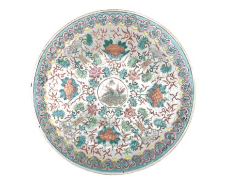 19th century Chinese charger with a centre panel of insects, surrounded by flowers within a turquoise border D38cm