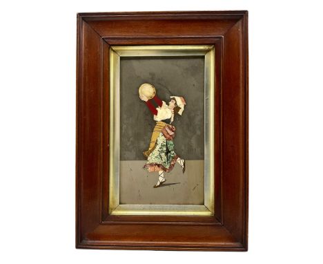 Italian Pietra Dura inlaid plaque depicting a continental woman playing the tambourine in double frame 24cm x 13cm