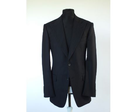 A Gucci suit, navy with self stripe, double vent, Italian size 50L, 100% wool, flat front trousers, button fly, Italian size 