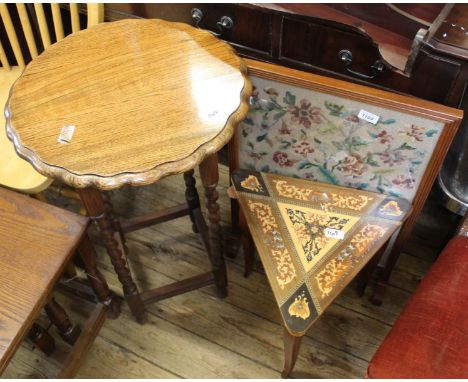 A tapestry fire screen, a triangular inlaid music box on stand and a barley twist table