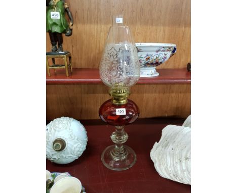 VICTORIAN RUBY OIL LAMP WITH ETCHED GLASS SHADE IN WORKING ORDER