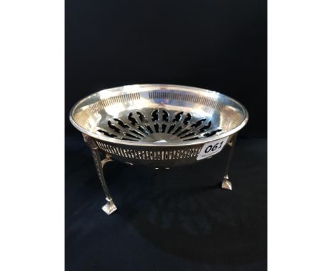 SOLID SILVER OPENWORK TRIPOD POT HOLDER.  BIRMINGHAM 303 GRAMS