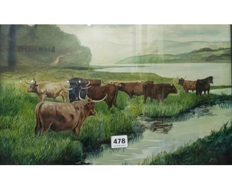 ANTIQUE FRAMED OIL ON BOARD HIGHLAND CATTLE M S MACPHERSON