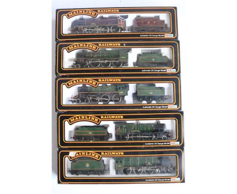 Five boxed OO gauge electric steam locomotive models from Mainline to include LMS (preserved) crimson Rebuilt Scot 6100 'Roya