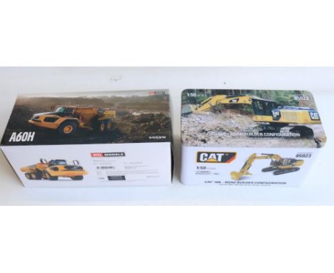 Two well detailed 1/50 scale diecast plant machinery vehicle models to include Diecast Masters 85923 CAT 568 Excavator Road B
