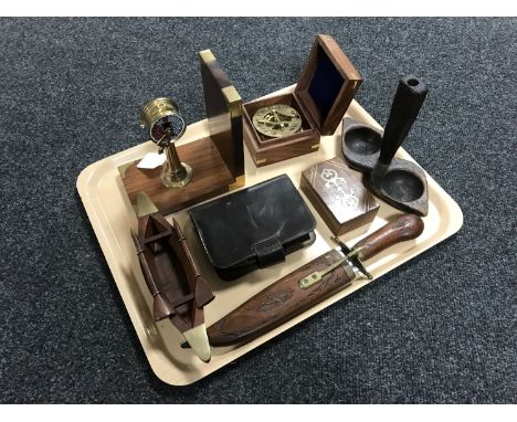 A tray of Eastern dagger, reproduction compass, nautical items etc