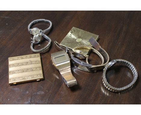 A quantity of wrist watches, gent's digital watch, compacts etc 