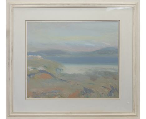 * IRENE LESLEY MAIN, EVENING LIGHT, HARRIS HILLS mixed media on board, signed and dated 1991, titled label verso 51cm x 61cm 