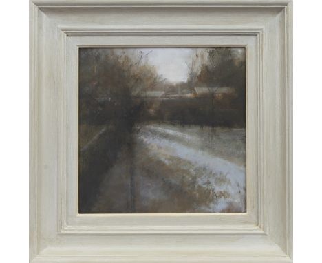 * JUDITH GARDNER NEAC RBA, MELTING SNOW oil on board, titled label verso 24cm x 24cm Framed. Artist's label verso. Note: Judi