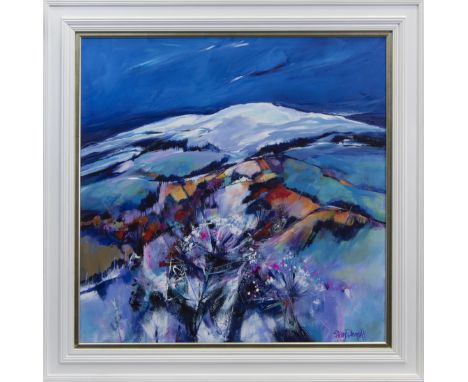 SHELAGH CAMPBELL, FIRST SNOWS, KINTYRE acrylic on canvas, signed, further signed, titled and dated 2021 verso 70cm x 70cm Fra
