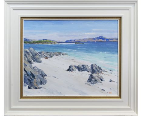 ERNI UPTON FRSA, EILEAN ANNRAIDH, MULL DISTANT, NORTH IONA oil on canvas, signed, further signed and titled verso 62cm x 77cm