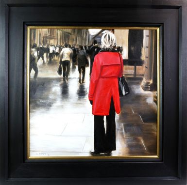 * GERARD M BURNS, RED COAT IN THE CITY (GLASGOW) oil on canvas, signed 60cm x 60cm Framed. Note: The typical gallery price fo