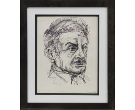 * PETER HOWSON OBE (SCOTTISH b 1958), MAN'S HEAD ink on paper, signed and dated '70 19cm x 15cm Mounted, framed and under gla