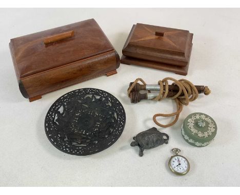 A collectors' lot, comprising two wooden boxes, a skipping rope, Wedgwood jasperware trinket box, metal tortoise, pocket watc