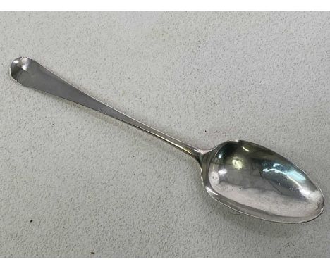 A George III hallmarked silver lace back 'Marriage' spoon, the reverse engraved with the initials 'N.A, M.A 1777', London 177