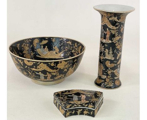 A Chinese black ground trumpet shaped vase, height 31.5cm, a similar large punch bowl, diameter 31cm, and a shaped trinket bo