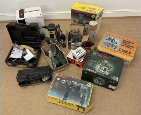 A quantity of electric tools, including routers, sanders, planers, and a drill, by Bosch, Axminster Tools and other manufactu