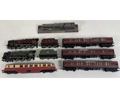 HORNBY; train engine, Railcar two rail 00 gauge, also two Mainline trains, The Royal Scot and Old Contemptible with three The