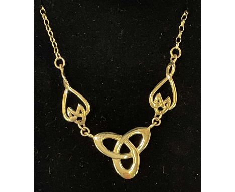 CELTIC GOLD; a 9ct yellow gold necklace with pierced Celtic inspired pendant drop, length 42cm, approx 5.2g.