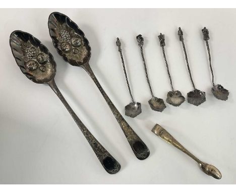 A pair of George IV hallmarked silver and later decorated berry spoons, London 1826, a hallmarked silver tablespoon, a small 